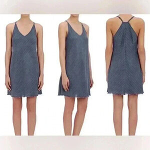 ATM Womens Linen Halter Adjustable Fringe‎ Stripe Midi Dress blue gray small